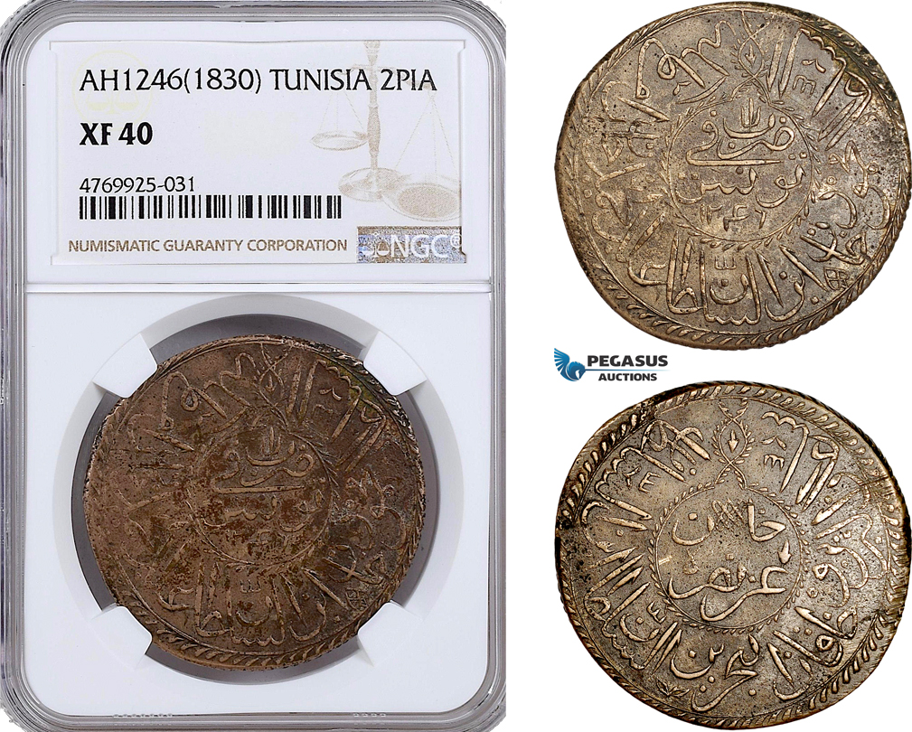 AE920, Ottoman Empire, Tunisia, Mahmud II, 2 Piastres AH1246 (1830) NGC XF40, Pop 1/0