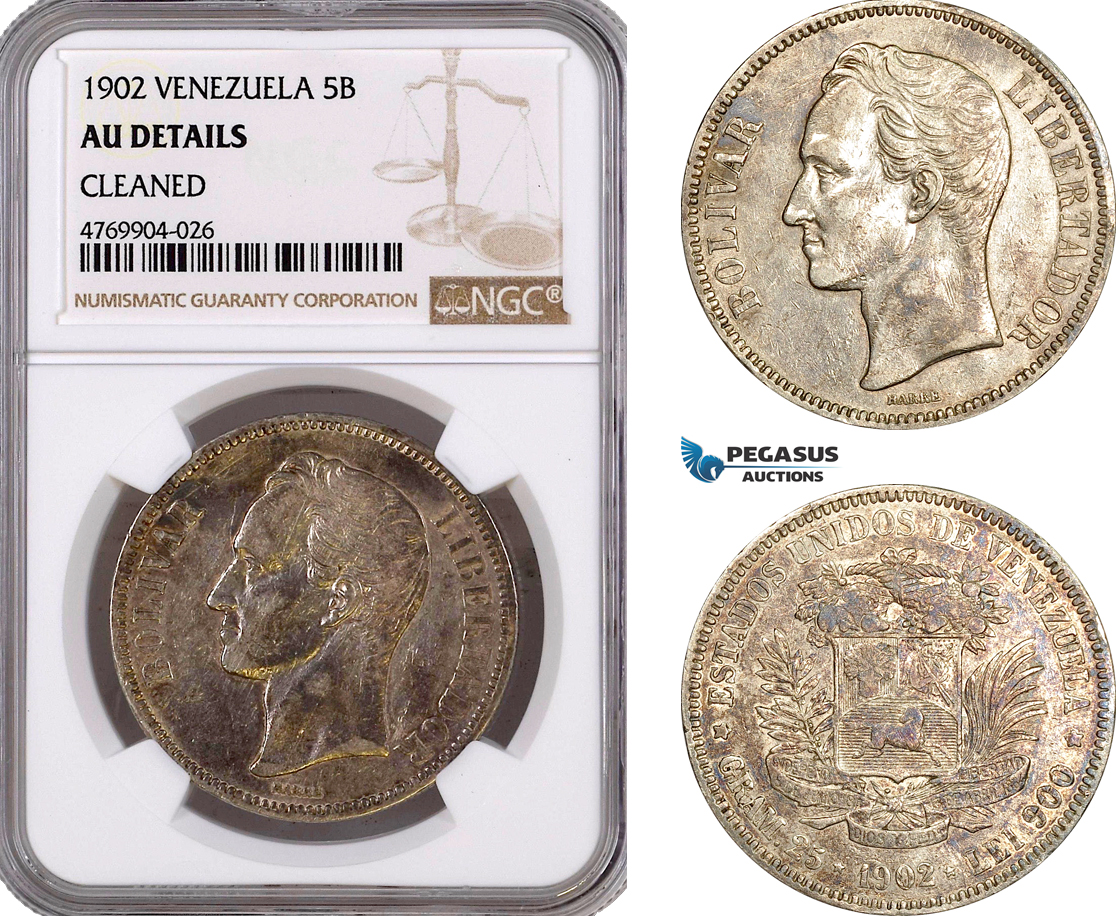 AE926, Venezuela, 5 Bolivares 1902, Brussels, Silver, NGC AU Det.