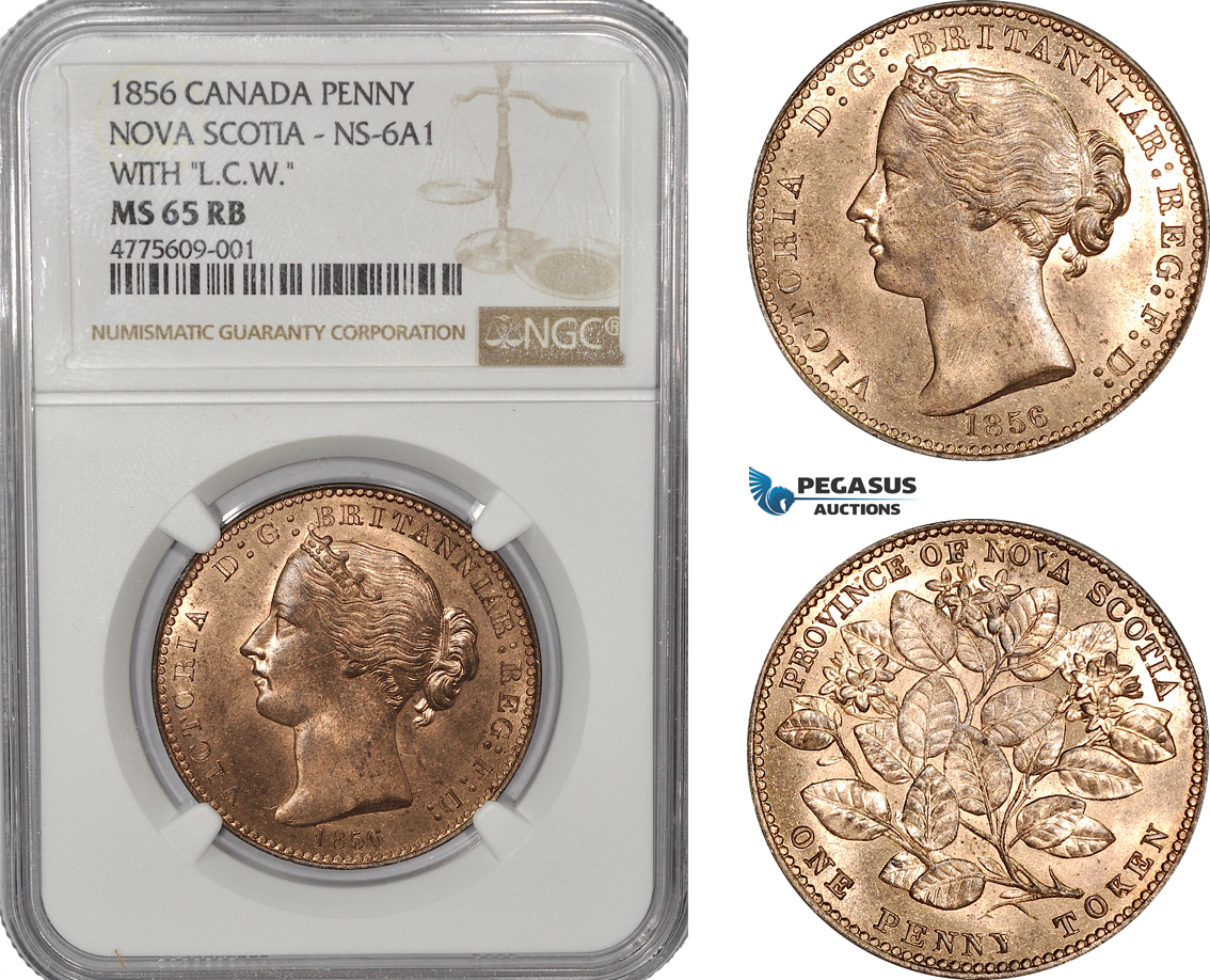 AE928, Canada, Nova Scotia, Victoria, Mayflower Penny Token 1856, NS-6A1, NGC MS65RB, Top Pop!