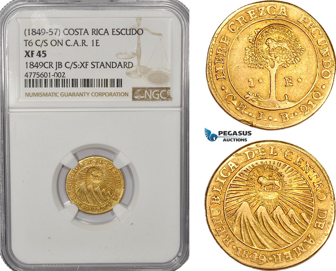 AE929, Costa Rica, 1 Escudo 1849, Gold, T6 C/S on C.A.R. 1E, NGC XF45