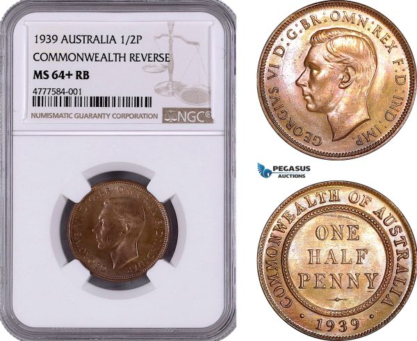 AE941, Australia, George VI, Half Penny 1939, Melbourne, Commonwealth Rev., NGC MS64+ RB, Top Pop!