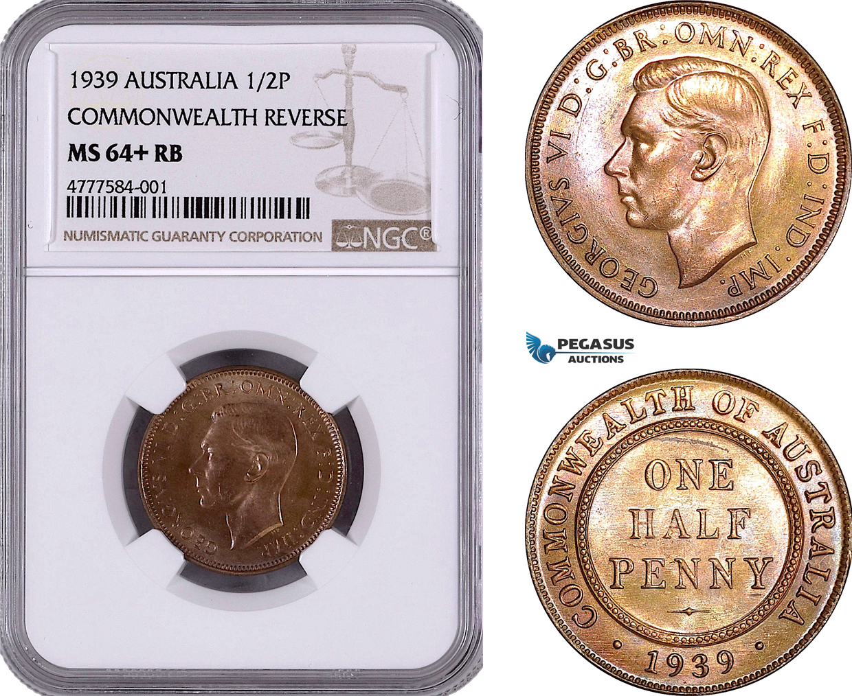 AE941, Australia, George VI, Half Penny 1939, Melbourne, Commonwealth Rev., NGC MS64+ RB, Top Pop!
