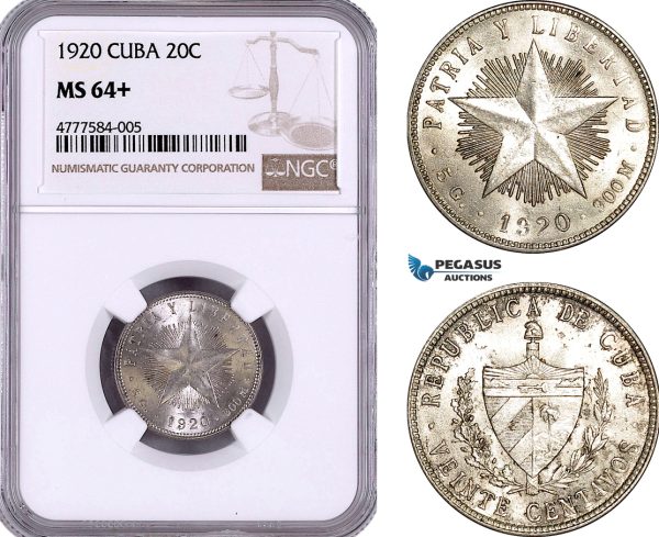 AE948, Cuba, 20 Centavos 1920, Philadelphia, Silver, NGC MS64+