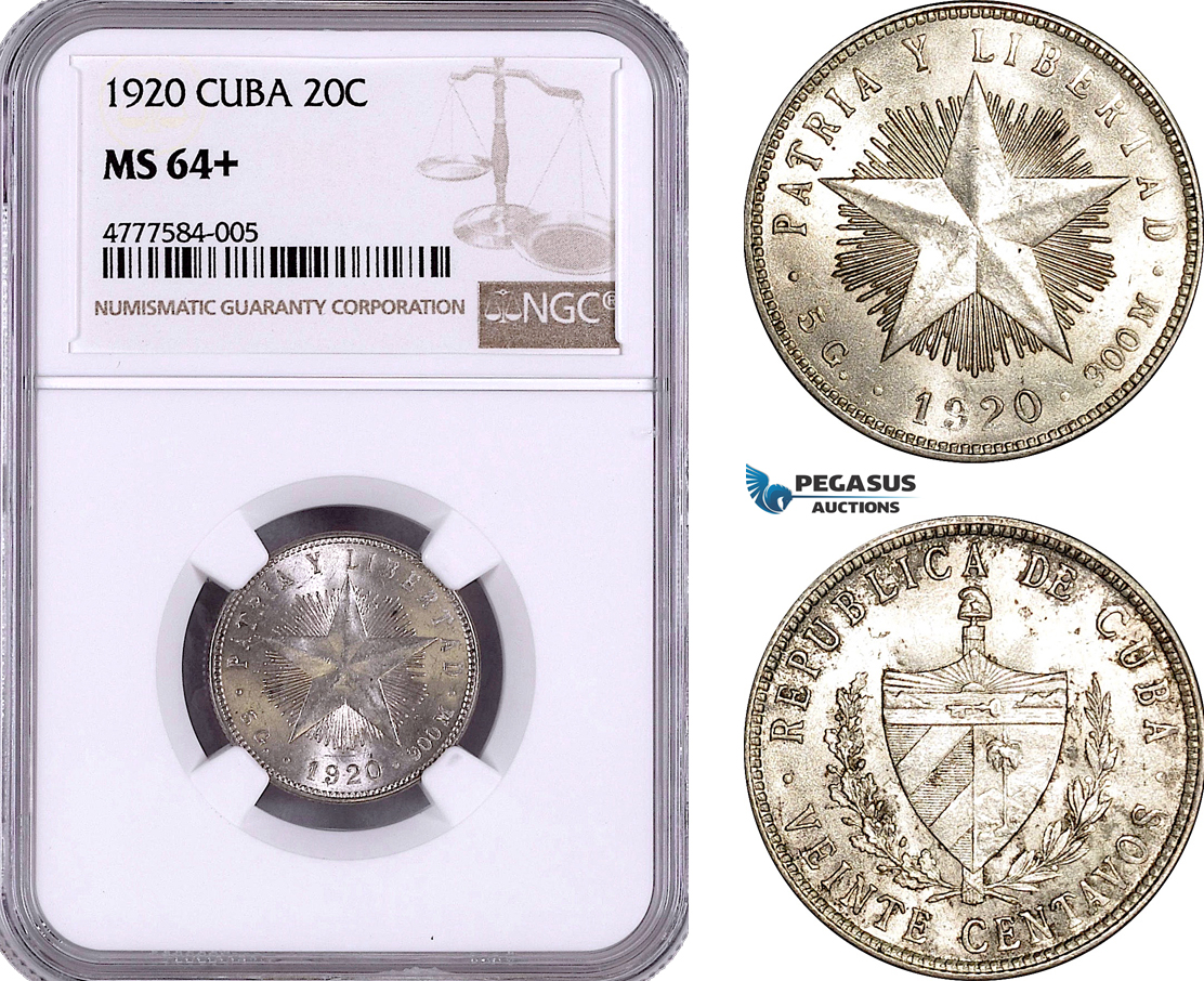 AE948, Cuba, 20 Centavos 1920, Philadelphia, Silver, NGC MS64+