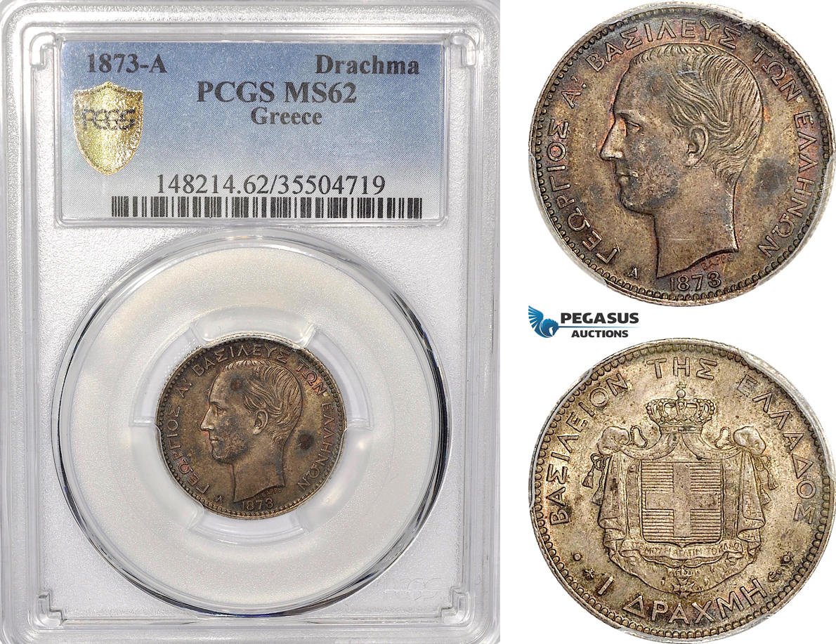 AE957, Greece, George I, 1 Drachma 1873-A, Paris, Silver, PCGS MS62