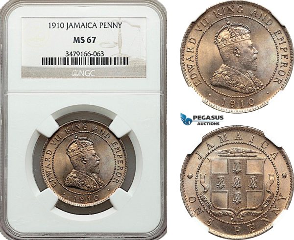 AE964, Jamaica, Edward VII, Penny 1910, London, NGC MS67, Top Pop!