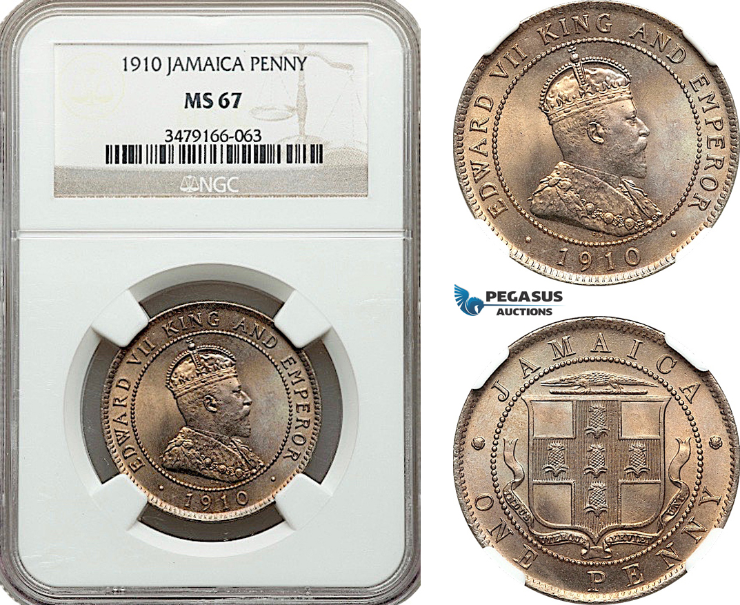 AE964, Jamaica, Edward VII, Penny 1910, London, NGC MS67, Top Pop!