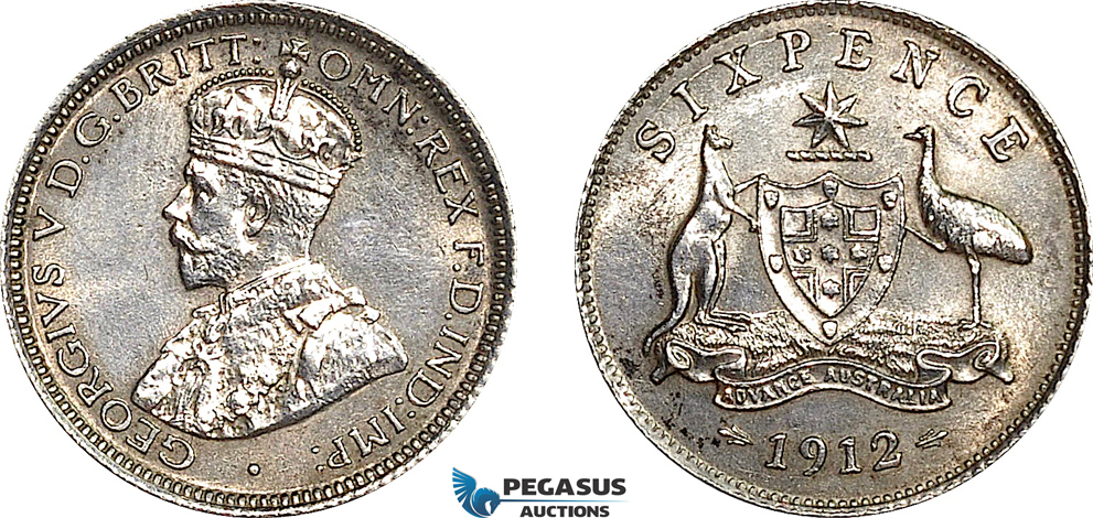 AE994, Australia, George V, Sixpence 1912, Silver, Cleaned UNC