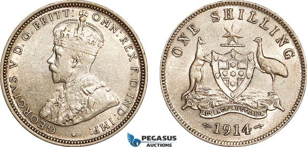 AE996, Australia, George V, Shilling 1914, Silver, Cleaned VF-XF