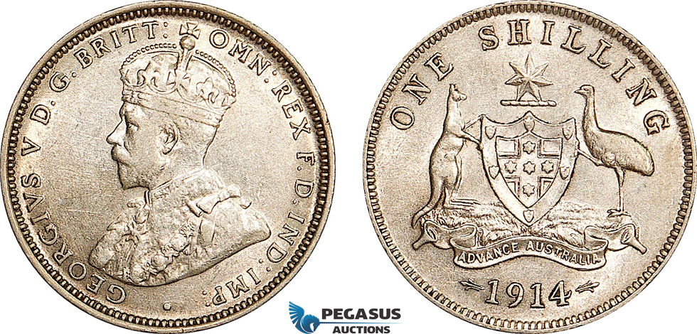 AE996, Australia, George V, Shilling 1914, Silver, Cleaned VF-XF