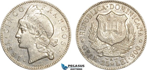 AF003, Dominican Republic, 5 Francos 1891-A, Paris, Silver, Cleaned XF