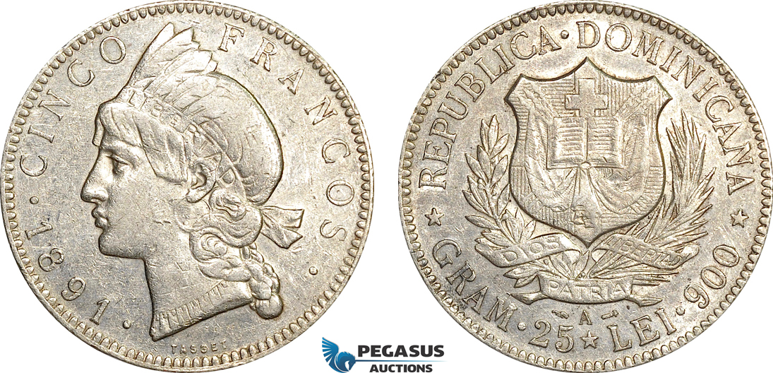 AF003, Dominican Republic, 5 Francos 1891-A, Paris, Silver, Cleaned XF