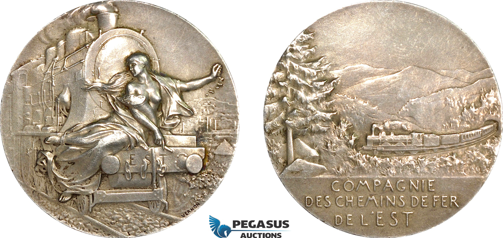 AF011, France, Silver Art Nouveau Medal (Ø41mm, 36.5g) by Vernon, Train, East Railroad