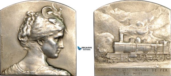 AF012, France, Silver Art Nouveau Plaque Medal (42x42mm, 32.8g) by Deschamps, Train, Railroad