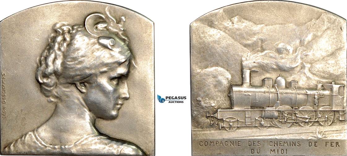 AF012, France, Silver Art Nouveau Plaque Medal (42x42mm, 32.8g) by Deschamps, Train, Railroad