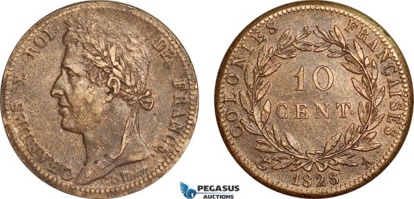 AF013, French Colonies, Charles X, 10 Centimes 1828-A, Paris, Cleaned XF