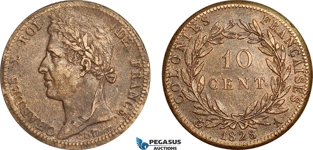 AF013, French Colonies, Charles X, 10 Centimes 1828-A, Paris, Cleaned XF
