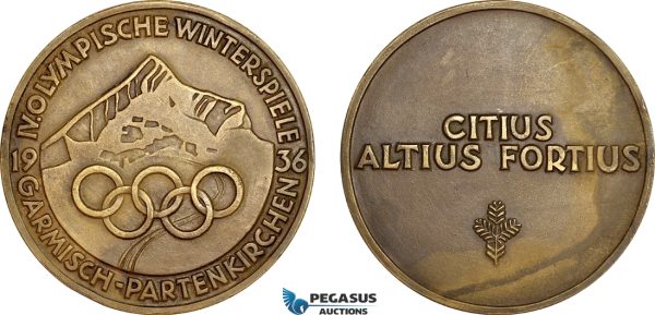 AF019, Germany, Third Reich, Garmisch - Partenkirchen, Winter Olympics Bronze Participation Medal 1936 (Ø60mm, 72.2g) AU, Rare!