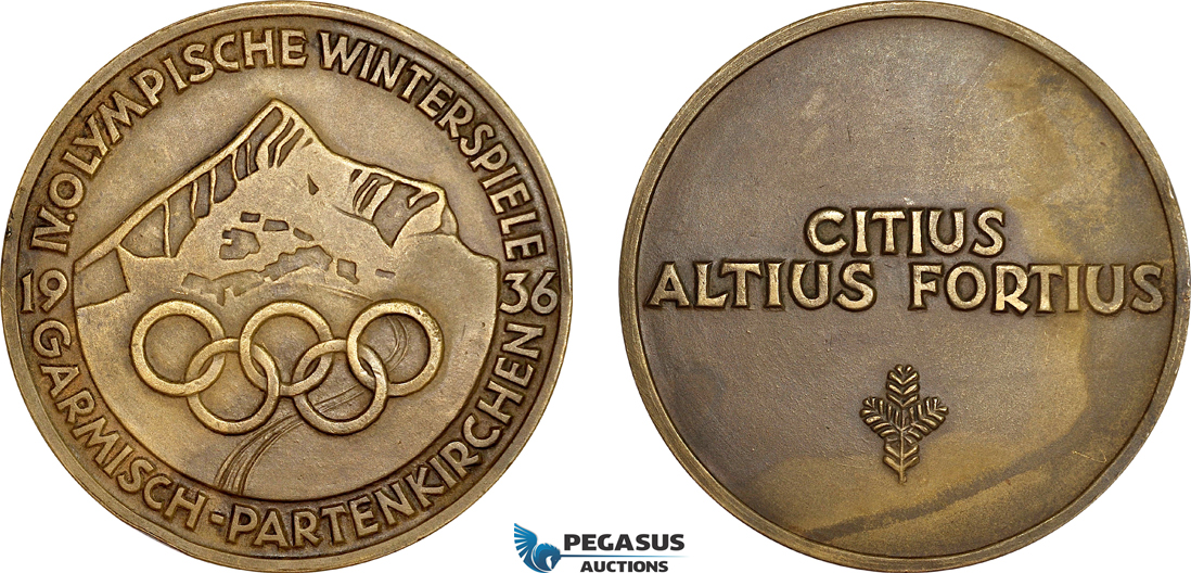 AF019, Germany, Third Reich, Garmisch - Partenkirchen, Winter Olympics Bronze Participation Medal 1936 (Ø60mm, 72.2g) AU, Rare!