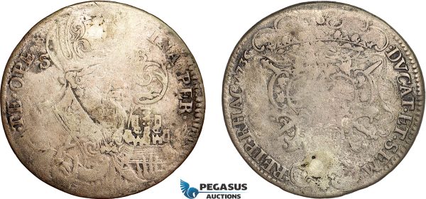 AF045, Ragusa, Tallero 1736, Silver (27.38g) Plugged hole, repaired, VG-F, Rare!