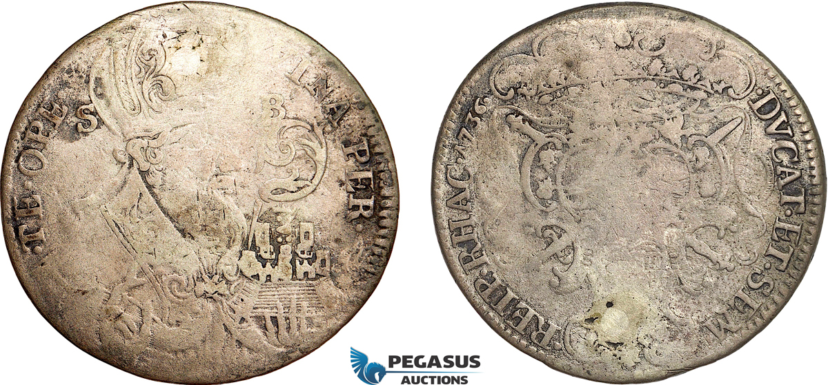 AF045, Ragusa, Tallero 1736, Silver (27.38g) Plugged hole, repaired, VG-F, Rare!
