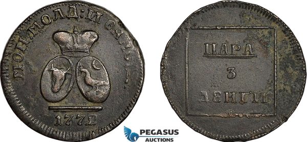 AF046, Russia, Moldavia & Wallachia, Para/3 Dengi 1772, Copper (from Turkish canons) VF-XF