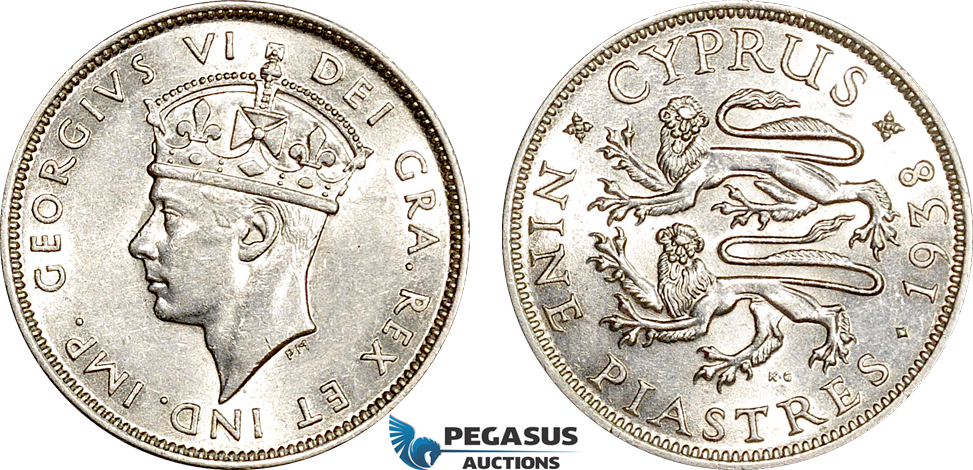 AF062, Cyprus, George VI, 9 Piastres 1938, London, Silver, Cleaned AU-UNC