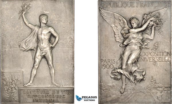AF064, France, 1900 Paris Olympics, Silvered Bronze Participant Plaque Medal (60x43mm, 57.3g) By Vernon