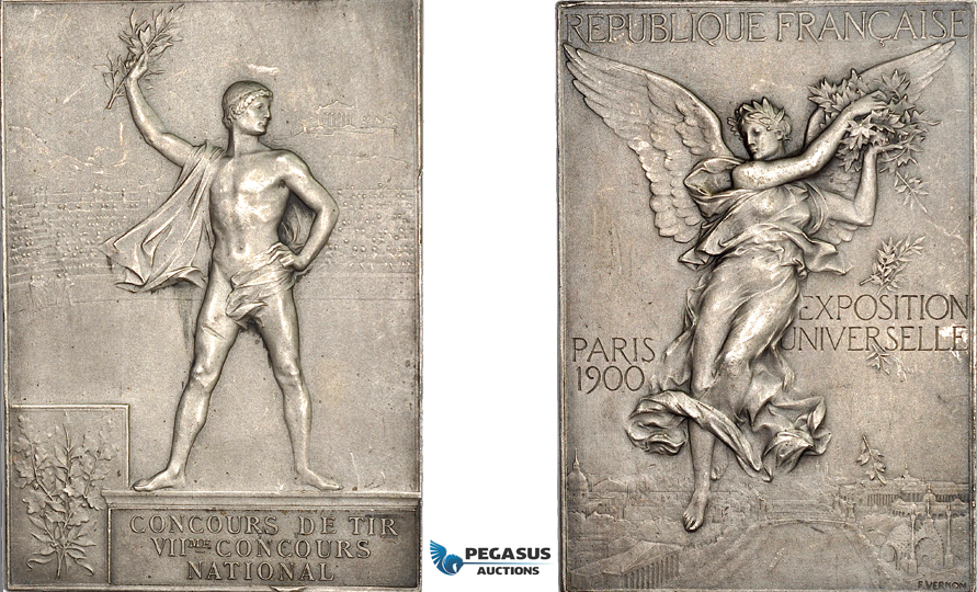 AF064, France, 1900 Paris Olympics, Silvered Bronze Participant Plaque Medal (60x43mm, 57.3g) By Vernon