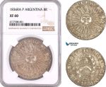 AF068, Argentina, Rio De La Plata, 8 Reales 1836 Ra P, Silver, NGC XF40