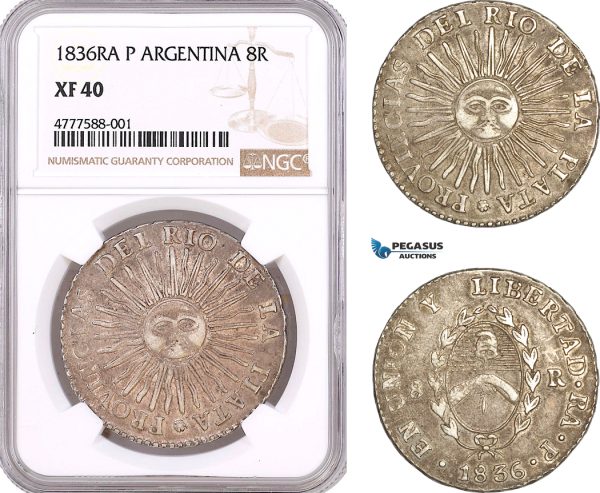 AF068, Argentina, Rio De La Plata, 8 Reales 1836 Ra P, Silver, NGC XF40