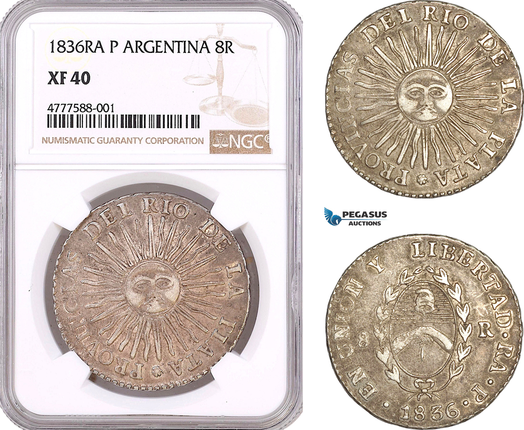 AF068, Argentina, Rio De La Plata, 8 Reales 1836 Ra P, Silver, NGC XF40