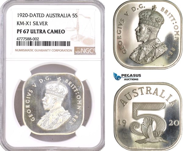 AF069, Australia, George V, 5  Shillings 1920 Dated, Silver, KM-X1, NGC PF67UC, Pop 1/0