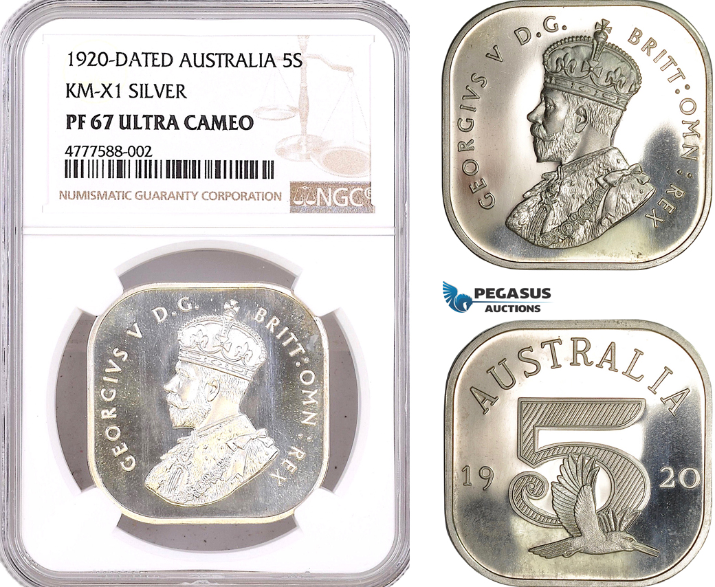 AF069, Australia, George V, 5  Shillings 1920 Dated, Silver, KM-X1, NGC PF67UC, Pop 1/0