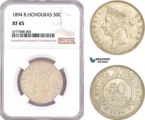 AF073, British Honduras, Victoria, 50 Cents 1894, London, Silver, NGC XF45