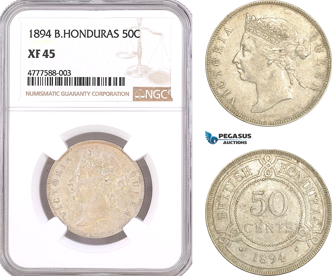 AF073, British Honduras, Victoria, 50 Cents 1894, London, Silver, NGC XF45