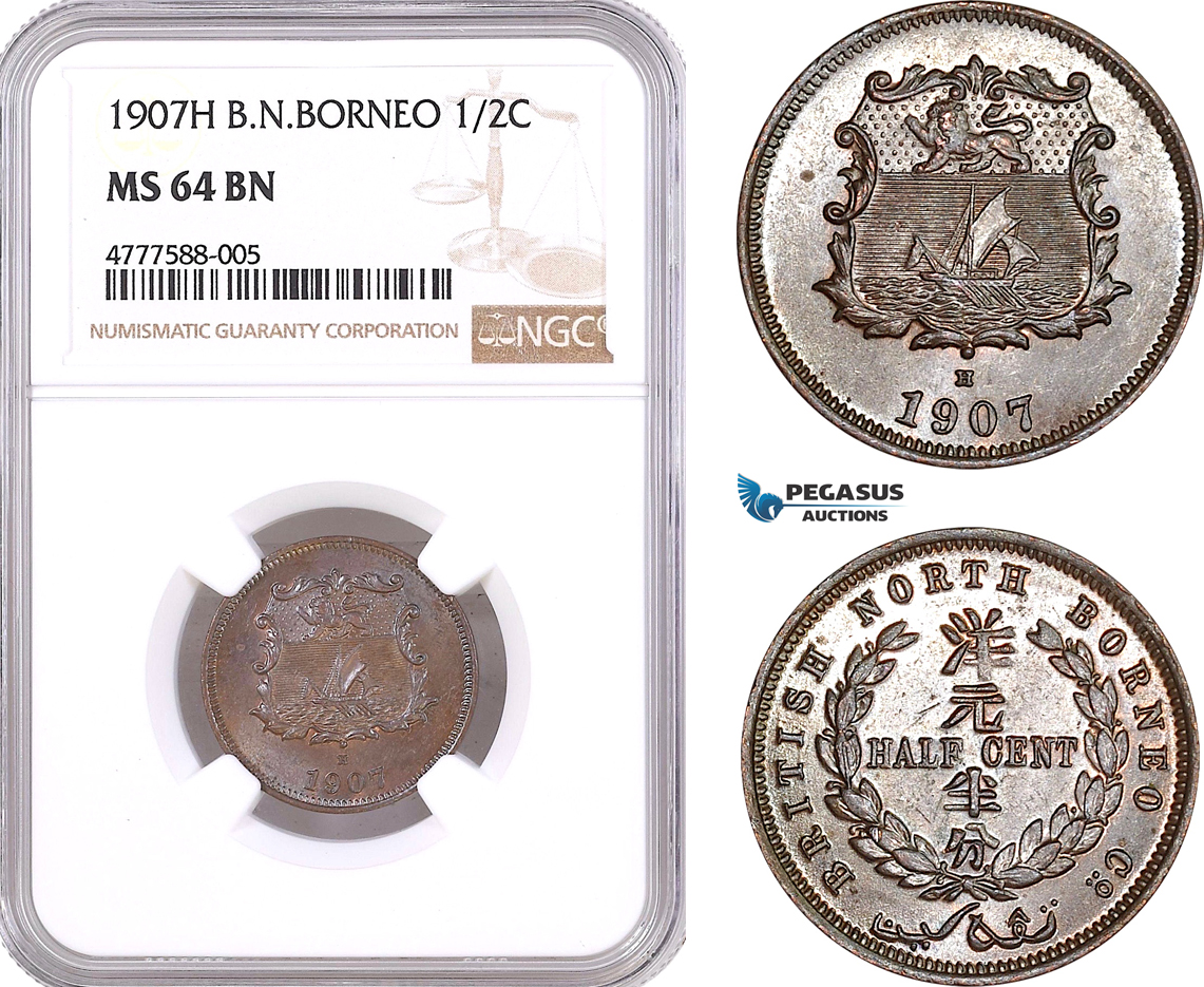 AF075, British North Borneo, 1/2 Cent 1907-H, Heaton, NGC MS64BN, Rare!