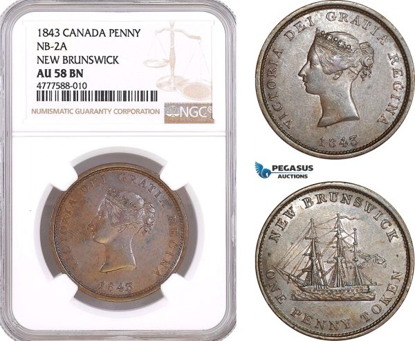 AF081, Canada, New Brunswick, Victoria, 1 Penny 1843, NB-2A, NGC AU58BN