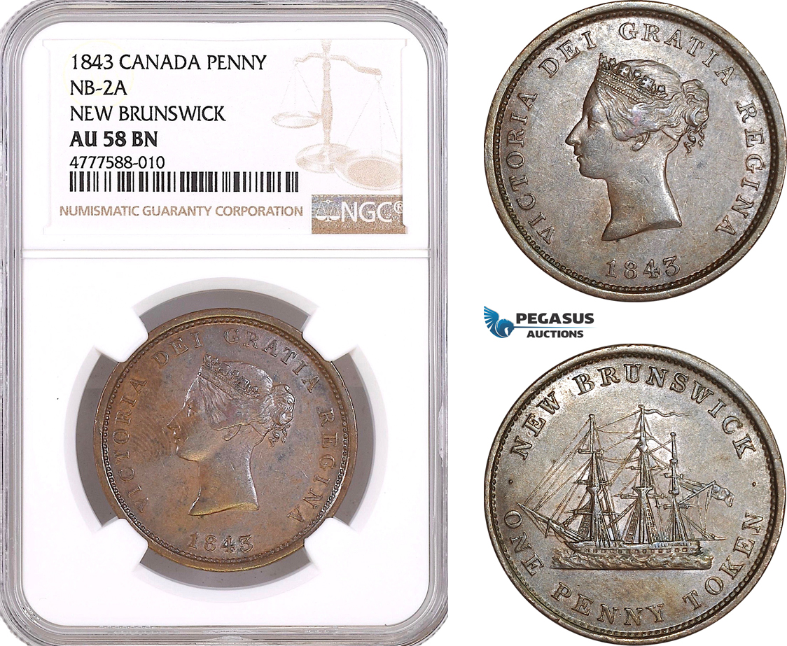 AF081, Canada, New Brunswick, Victoria, 1 Penny 1843, NB-2A, NGC AU58BN
