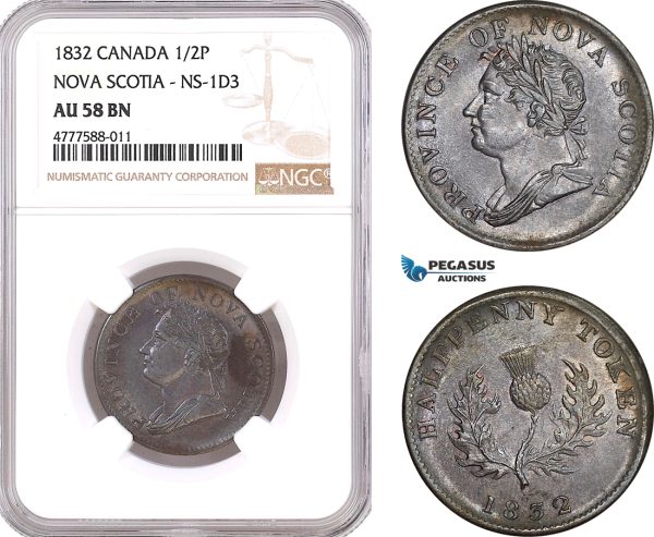 AF082, Canada, Nova Scotia, William IV, 1/2 Cent 1832, NS-1D3, NGC AU58BN