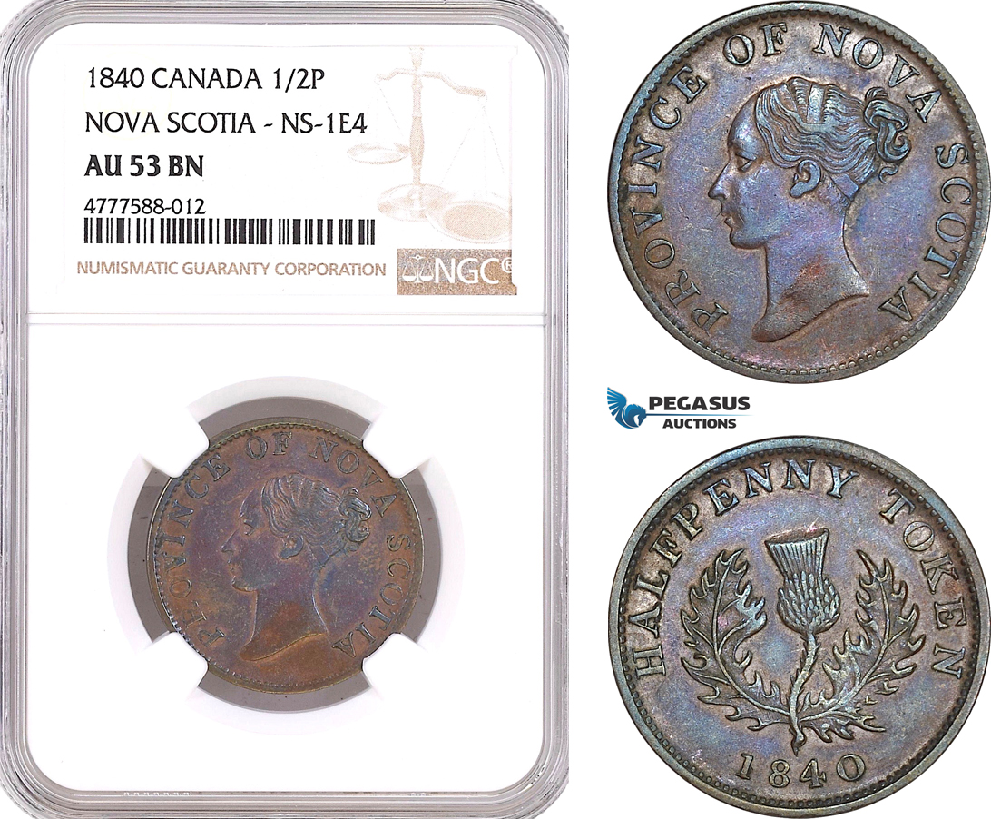 AF083, Canada, Nova Scotia, Victoria, 1/2 Cent 1840, NS-1E4, NGC AU53BN
