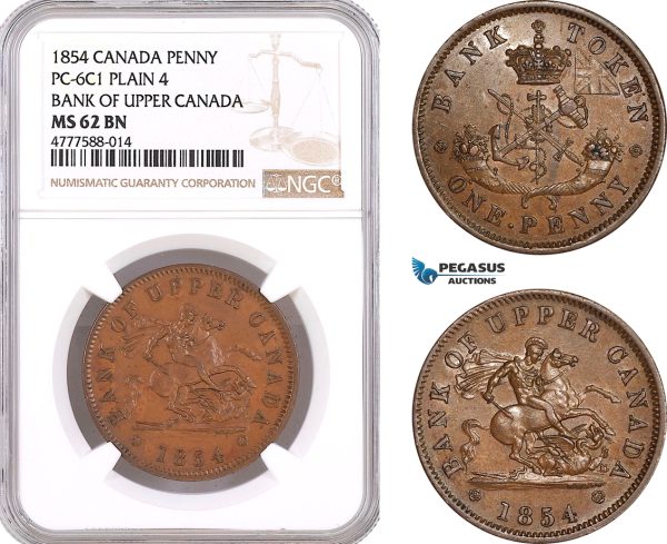 AF085, Canada, Upper Canada, Penny 1854, PC-6C1, Plain 4, NGC MS62BN