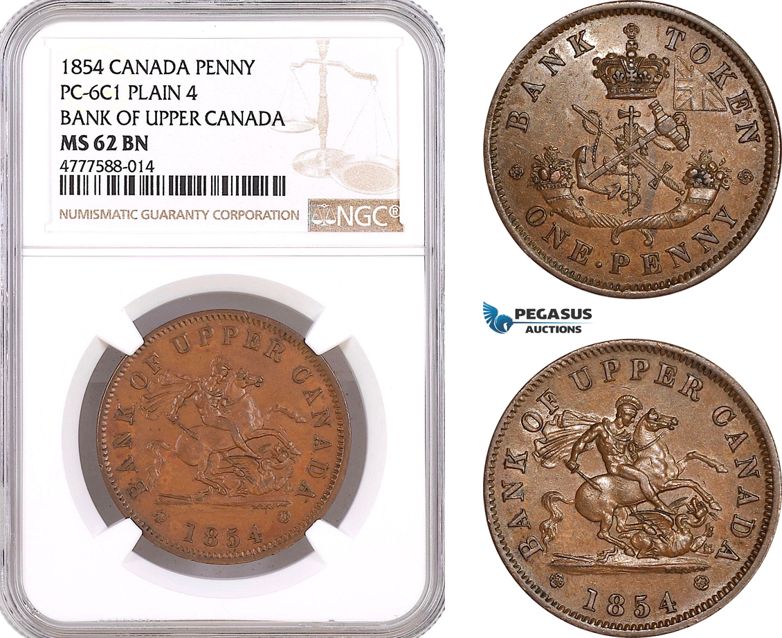 AF085, Canada, Upper Canada, Penny 1854, PC-6C1, Plain 4, NGC MS62BN