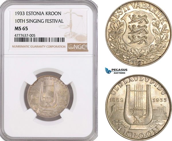 AF088, Estonia, 1 Kroon 1933, Silver, NGC MS65