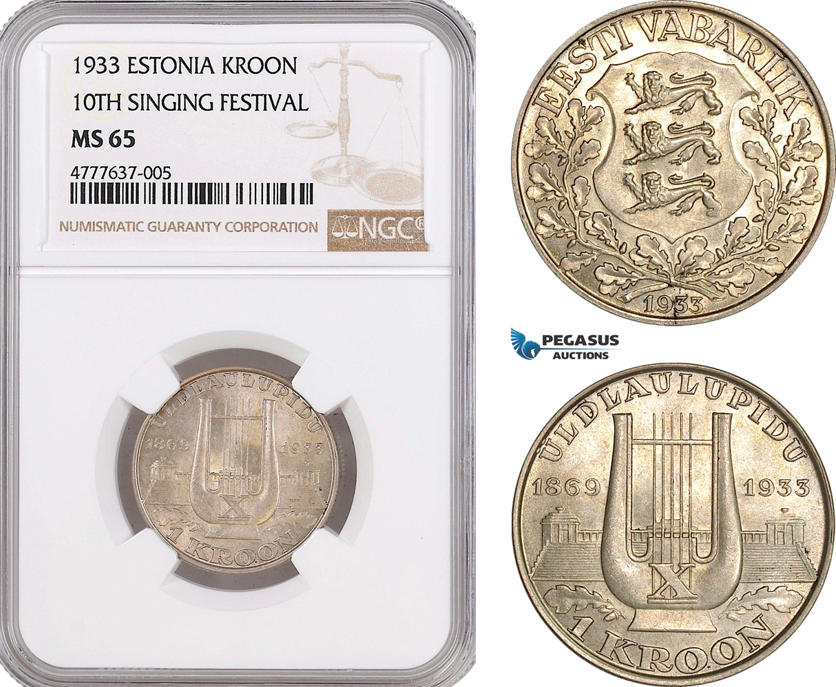 AF088, Estonia, 1 Kroon 1933, Silver, NGC MS65