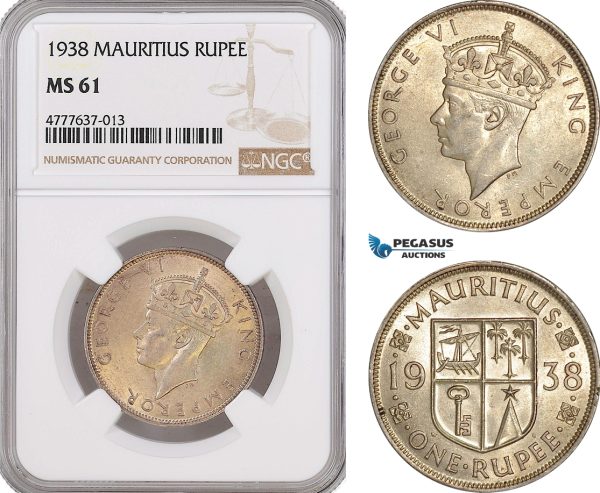 AF116, Mauritius, George VI, 1 Rupee 1938, Silver, NGC MS61