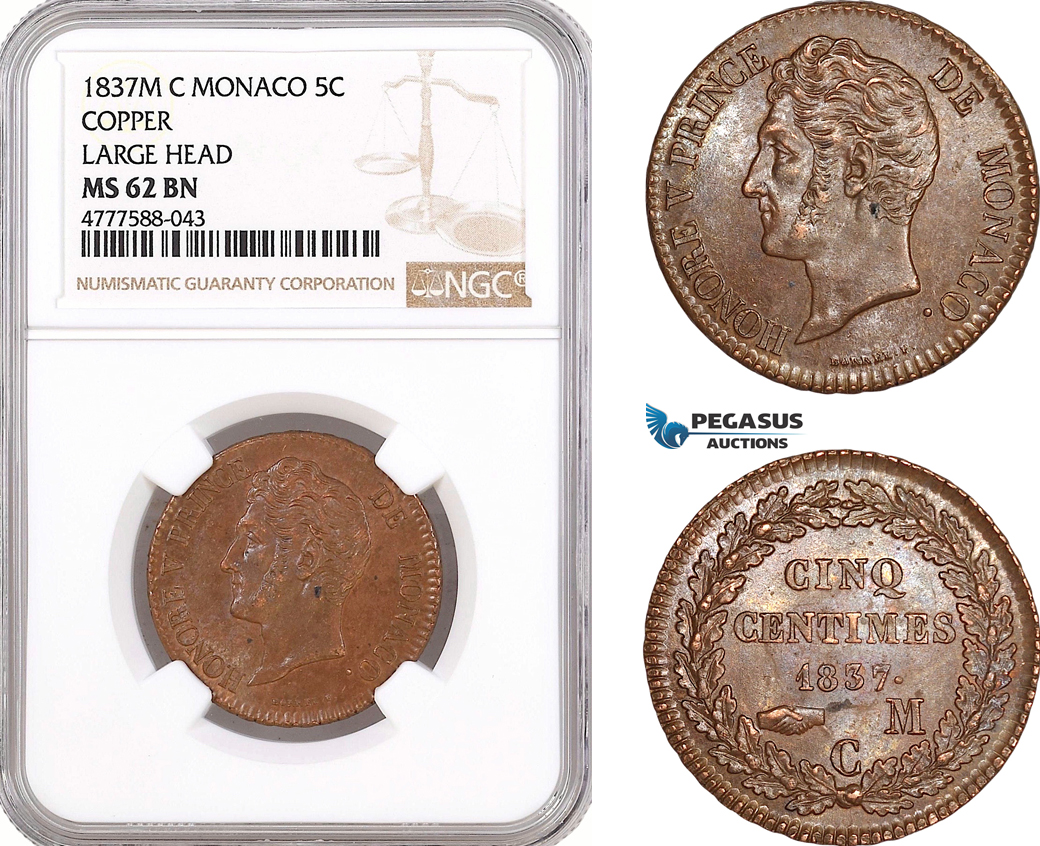 AF117, Monaco, Honore V, 5 Centimes 1837-M, Copper, Large Head, NGC MS62BN, Pop 1/0