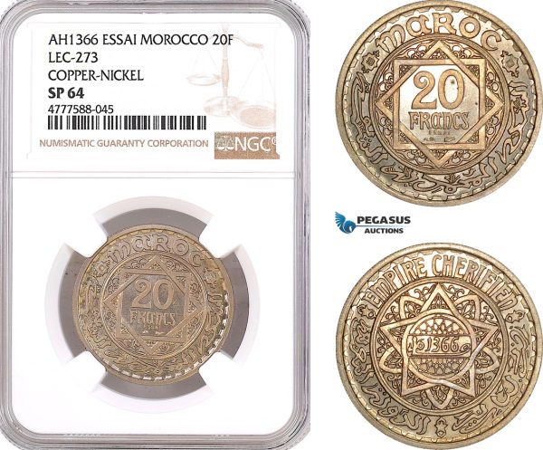 AF118, Morocco, Mohammed V, ESSAI 20 Francs AH1366, Copper-Nickel, Lec-273, NGC SP64