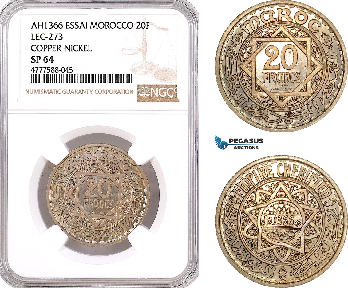 AF118, Morocco, Mohammed V, ESSAI 20 Francs AH1366, Copper-Nickel, Lec-273, NGC SP64