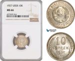 AF143, Russia, USSR, 10 Kopeks 1927, Leningrad, Silver, NGC MS66